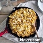 Beefy Taco Mac and Cheese in my cast iron skillet