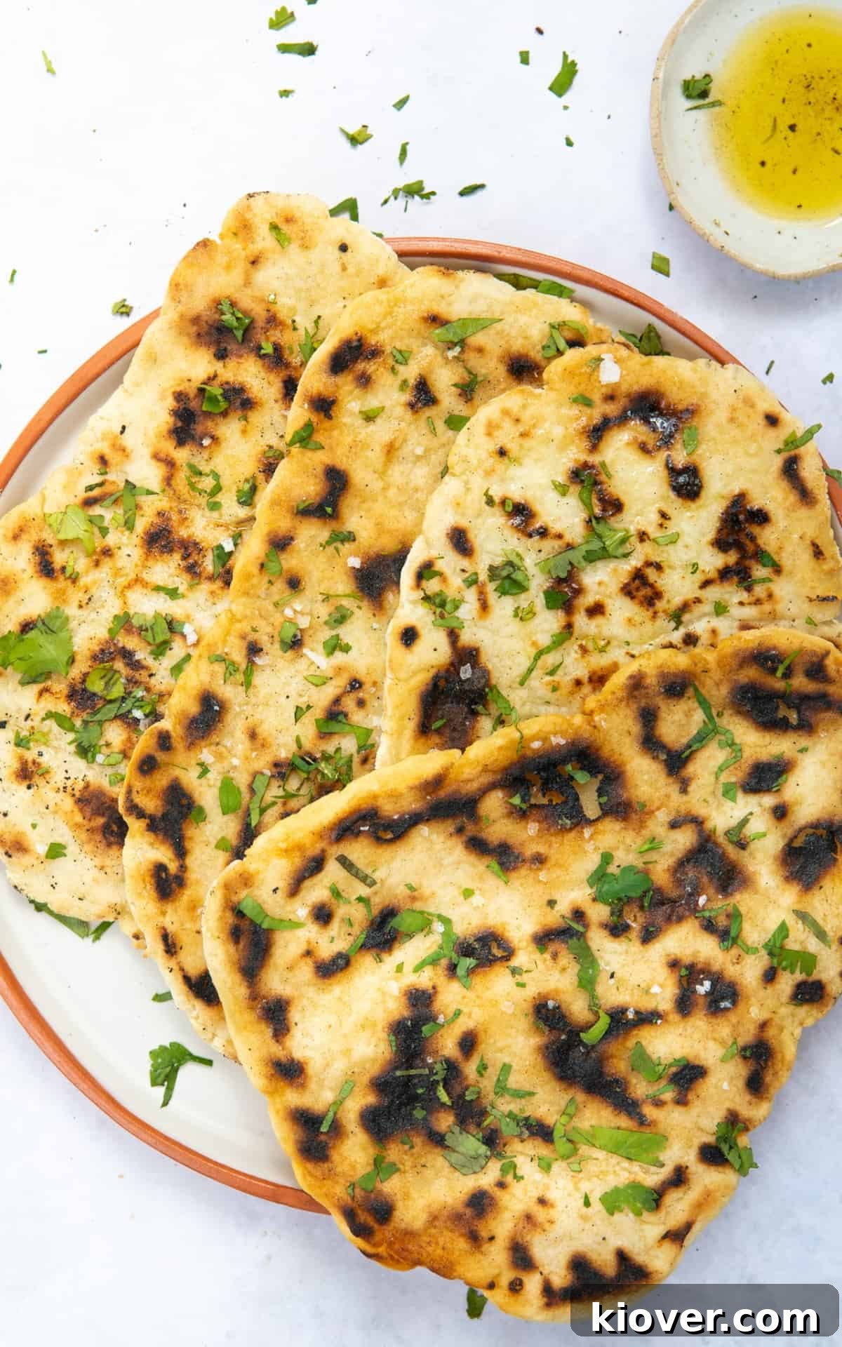 A single gluten-free naan bread artfully arranged on a white plate with a subtle red rim, presented on a clean white background.