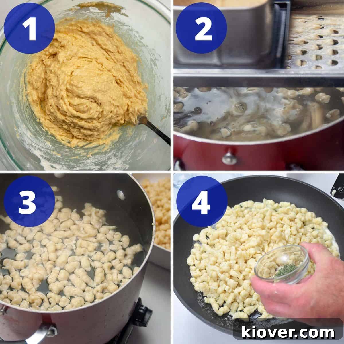 A step-by-step visual guide showing how to prepare the Spaetzle dough, use a Spaetzle maker to drop dumplings into boiling water, and finally pan-fry them with butter and cheese.