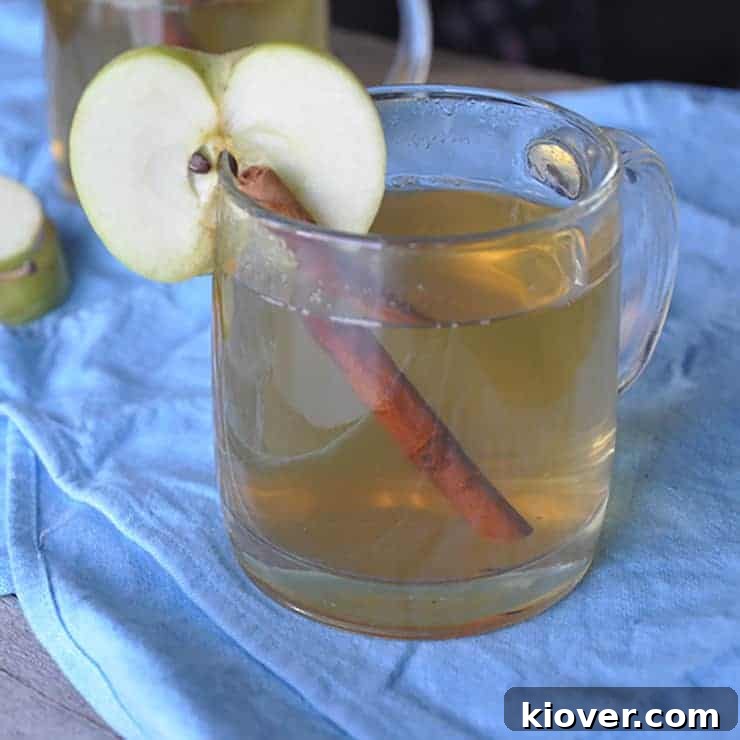 Apple Ginger Hot Toddy in irish coffee mug with cinnamon stick and apple slice.