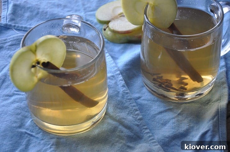 overhead shot of apple ginger hot toddy sitting on blue cloth