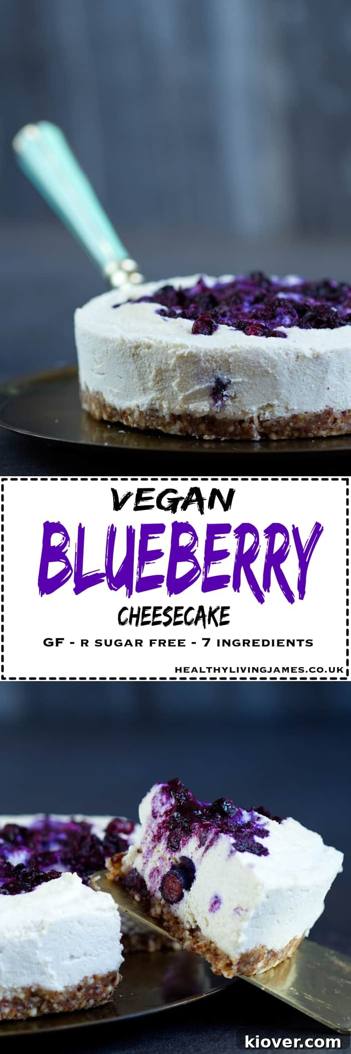 Indulgent Plant-Based Gluten-Free Blueberry Cheesecake 4 Pinterest graphic: Vegan Blueberry Cheesecake recipe, encouraging users to save it for later