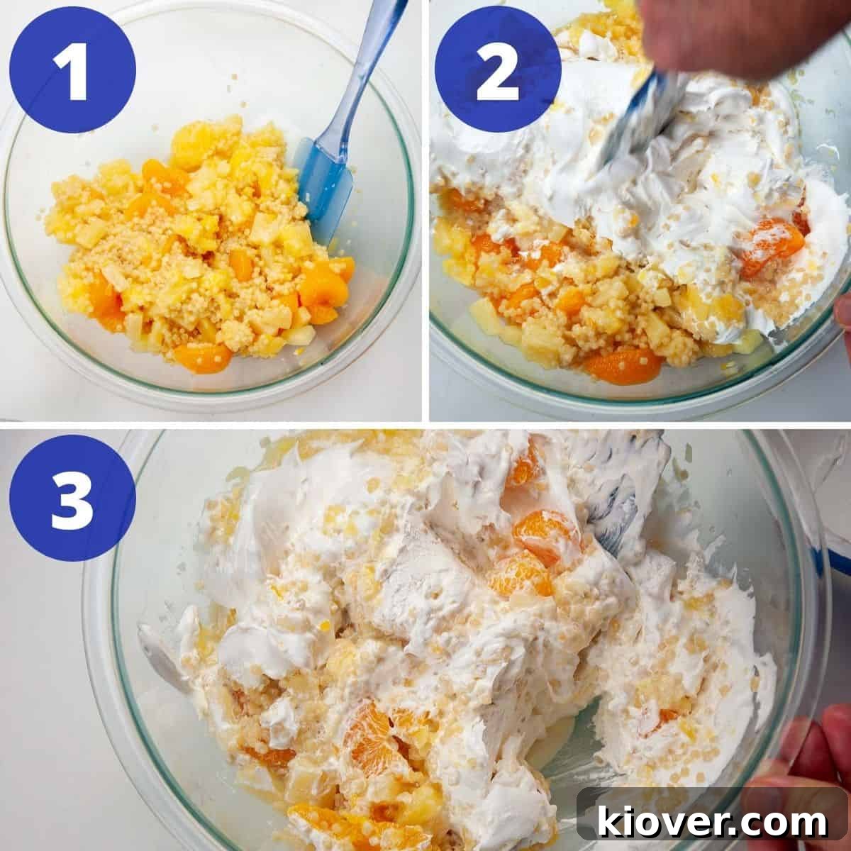 Mixing frog-eye salad ingredients in a large bowl. Demonstrating the preparation process.