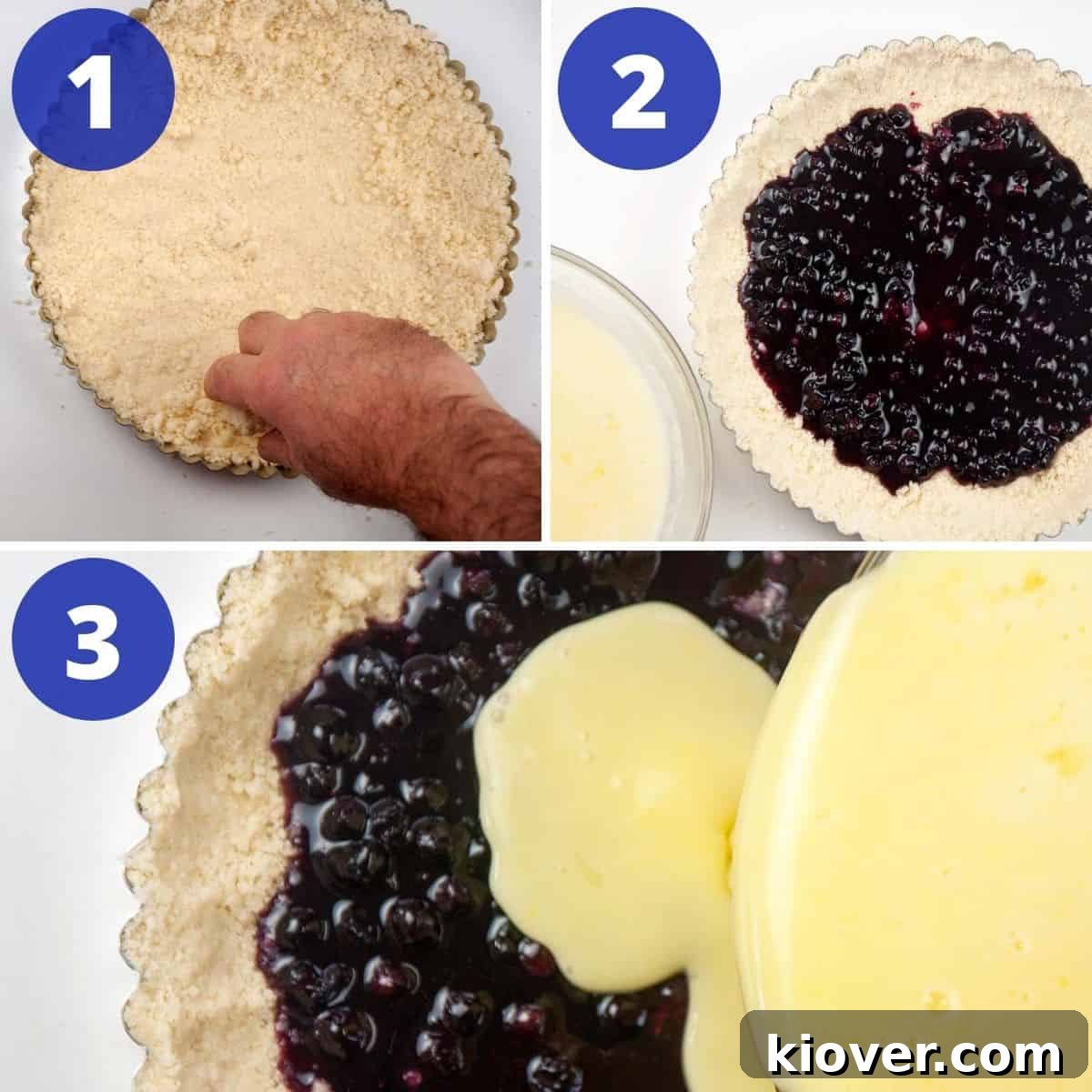 Filling Tart Forming crust in tart pan and filling with blueberries and custard.