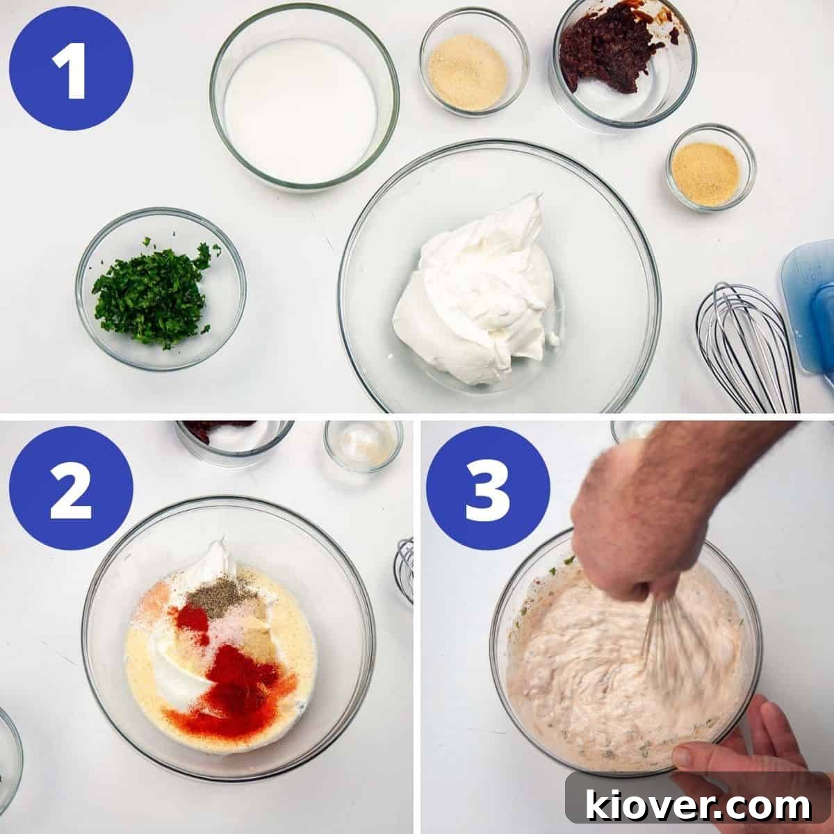 All ingredients for Chipotle Ranch Dressing being mixed together in a large glass bowl.