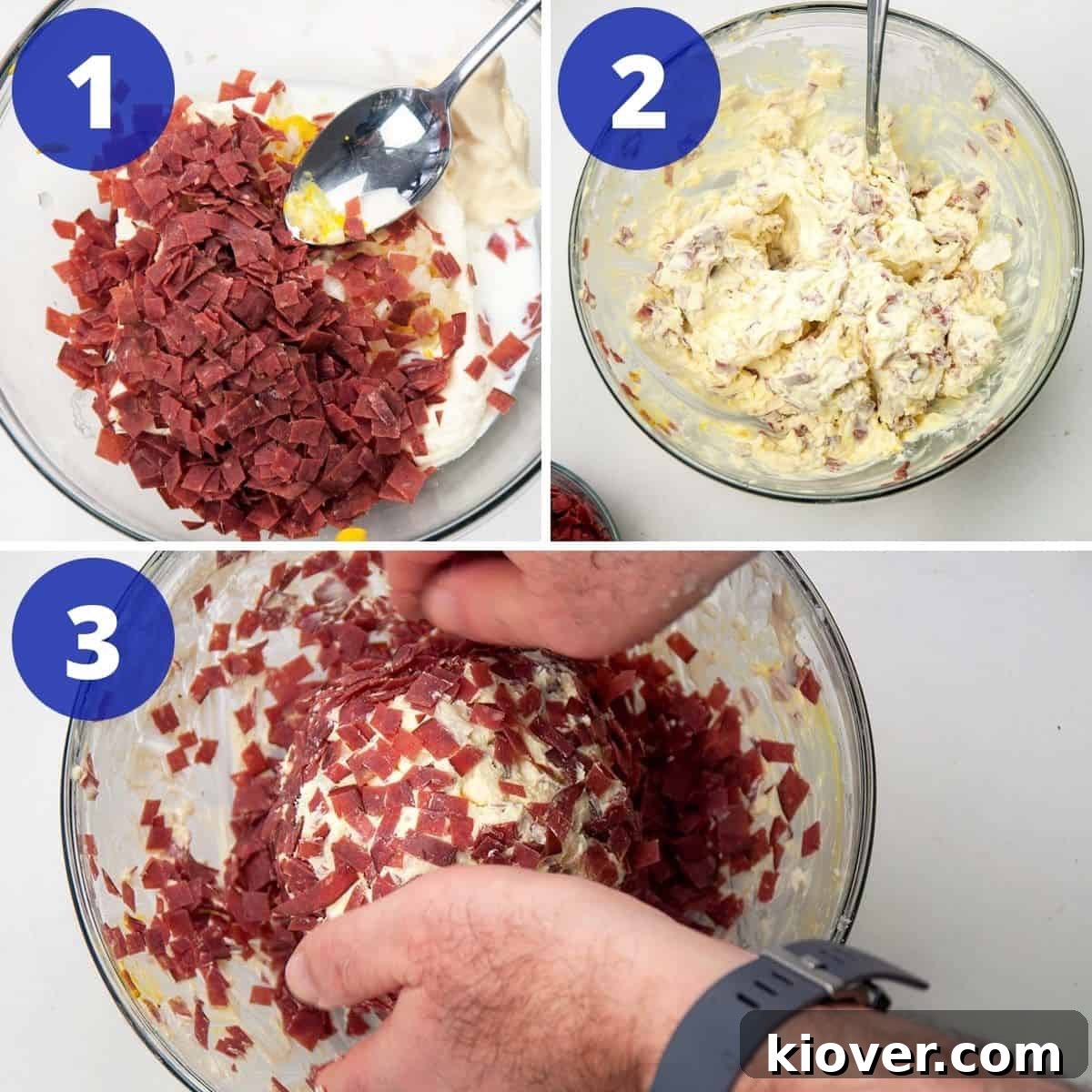 Artisan Dried Beef Cheese Ball 2 A visual sequence demonstrating the preparation of the Dried Beef Cheese Ball: first, mixing the dried beef with other ingredients in a bowl, followed by forming the mixture into a ball and coating it with the remaining dried beef.