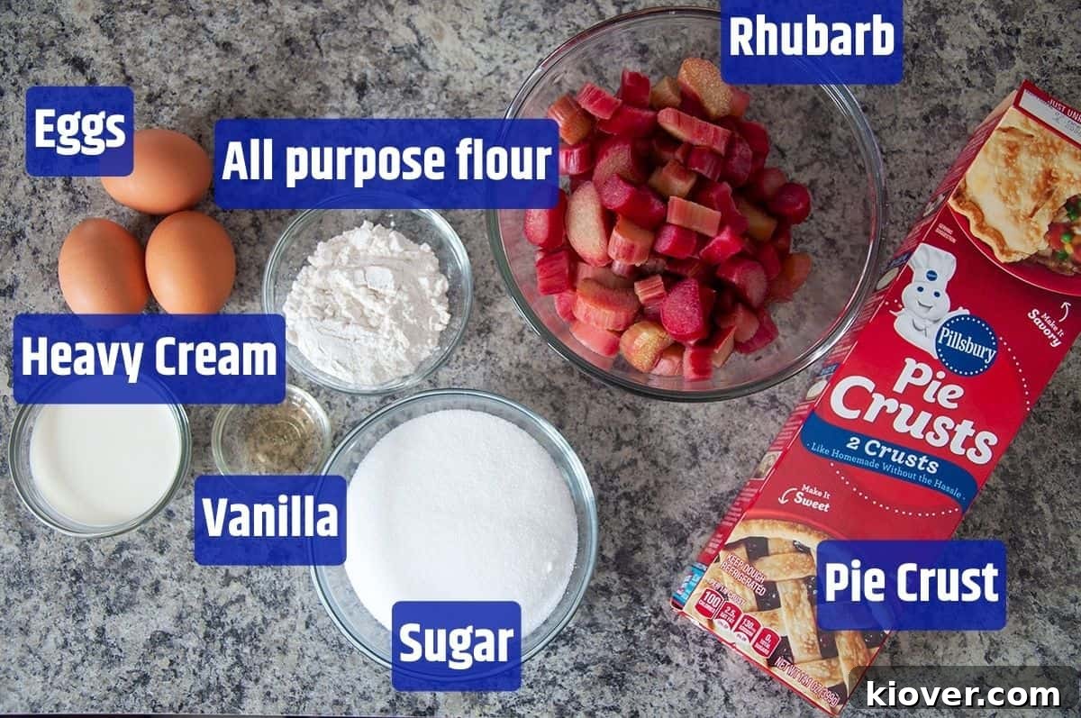 A selection of fresh rhubarb pie ingredients including chopped rhubarb, eggs, flour, heavy cream, vanilla, sugar, and pie crusts.