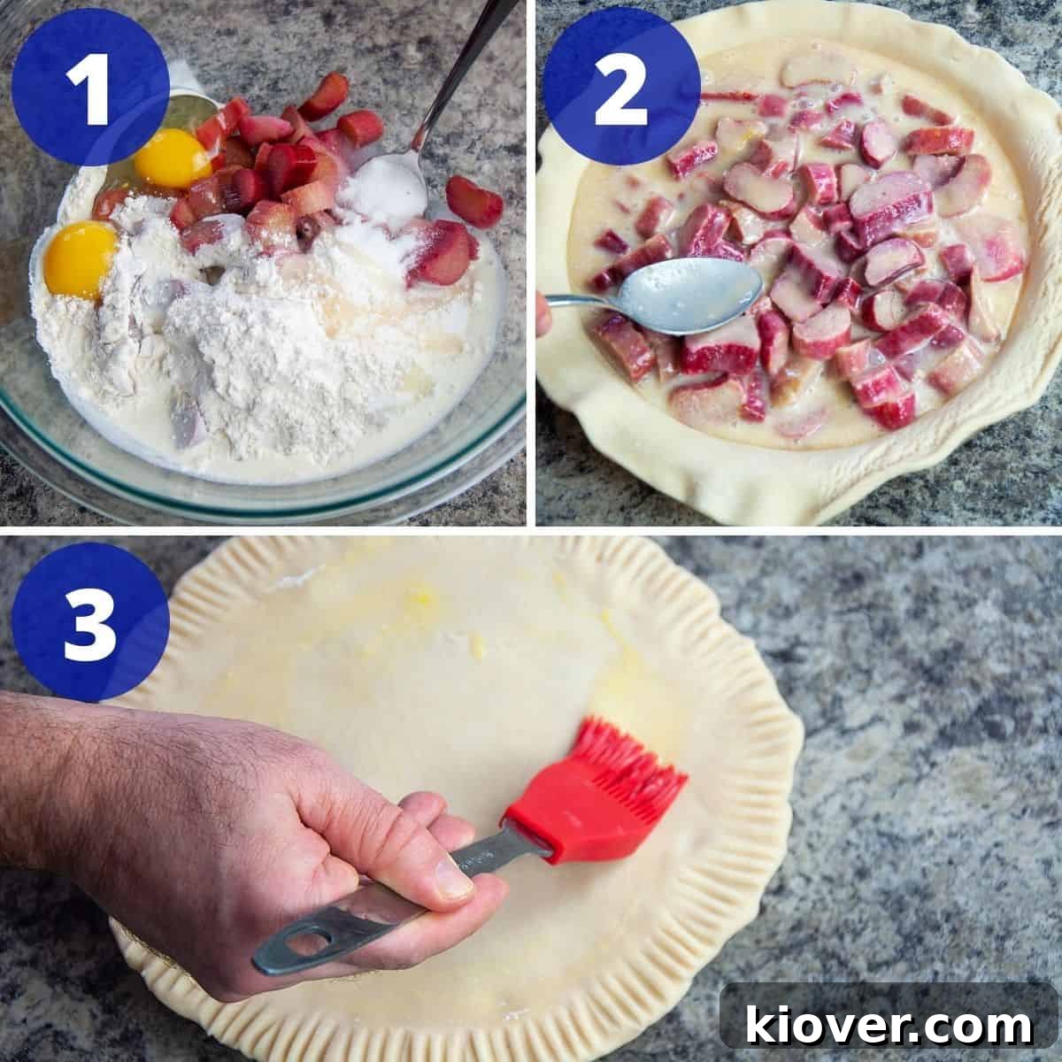 Hands mixing rhubarb pie ingredients in a bowl and assembling the pie in a dish.