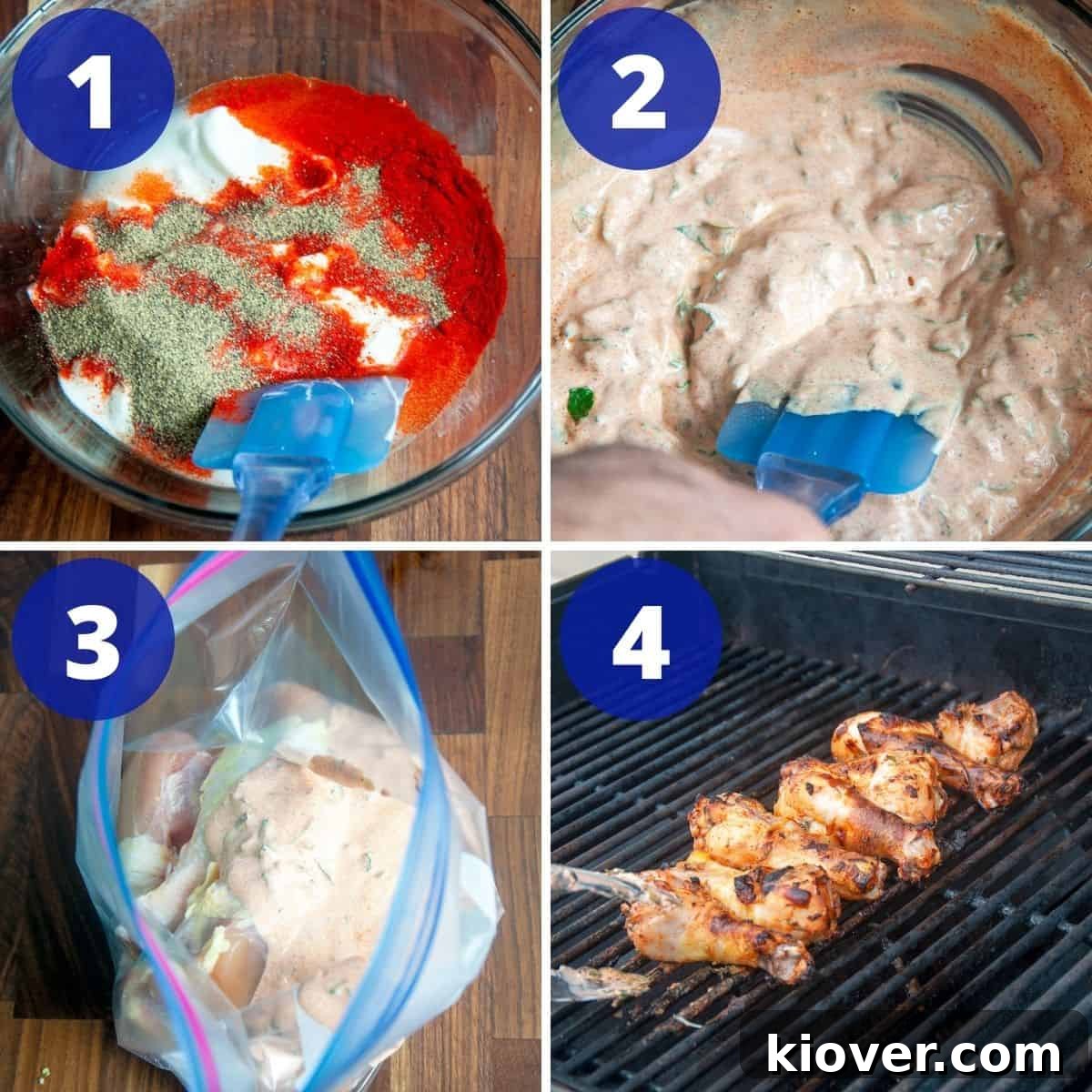 A visual guide to making yogurt mint marinade and the grilling process for chicken legs, showing combined ingredients and chicken cooking on indirect heat.
