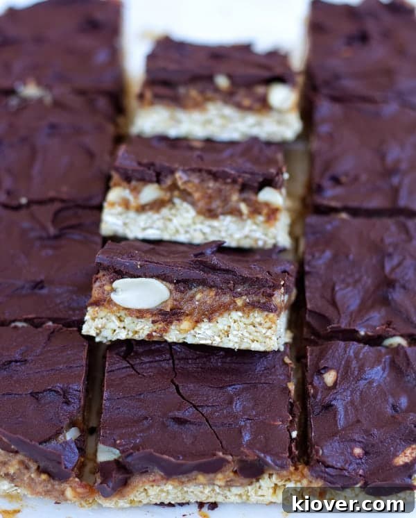 Close-up of the delicious middle layer of Snickers Flapjacks with peanuts