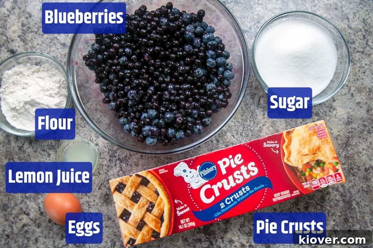 Blueberry Pie Ingredients A vibrant display of fresh blueberries, granulated sugar, all-purpose flour, and a lemon, neatly arranged on a rustic wooden table, representing the core ingredients for the delightful blueberry pie filling.