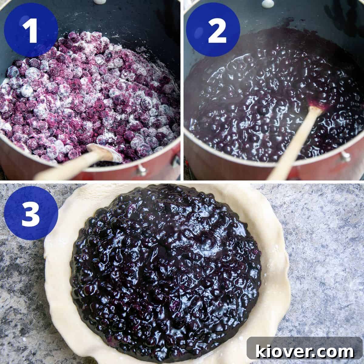 Blueberry Pie Filling Process A close-up view of vibrant blueberries, sugar, flour, and lemon juice simmering gently in a saucepan, being stirred with a wooden spoon, illustrating the initial steps of making homemade blueberry pie filling.
