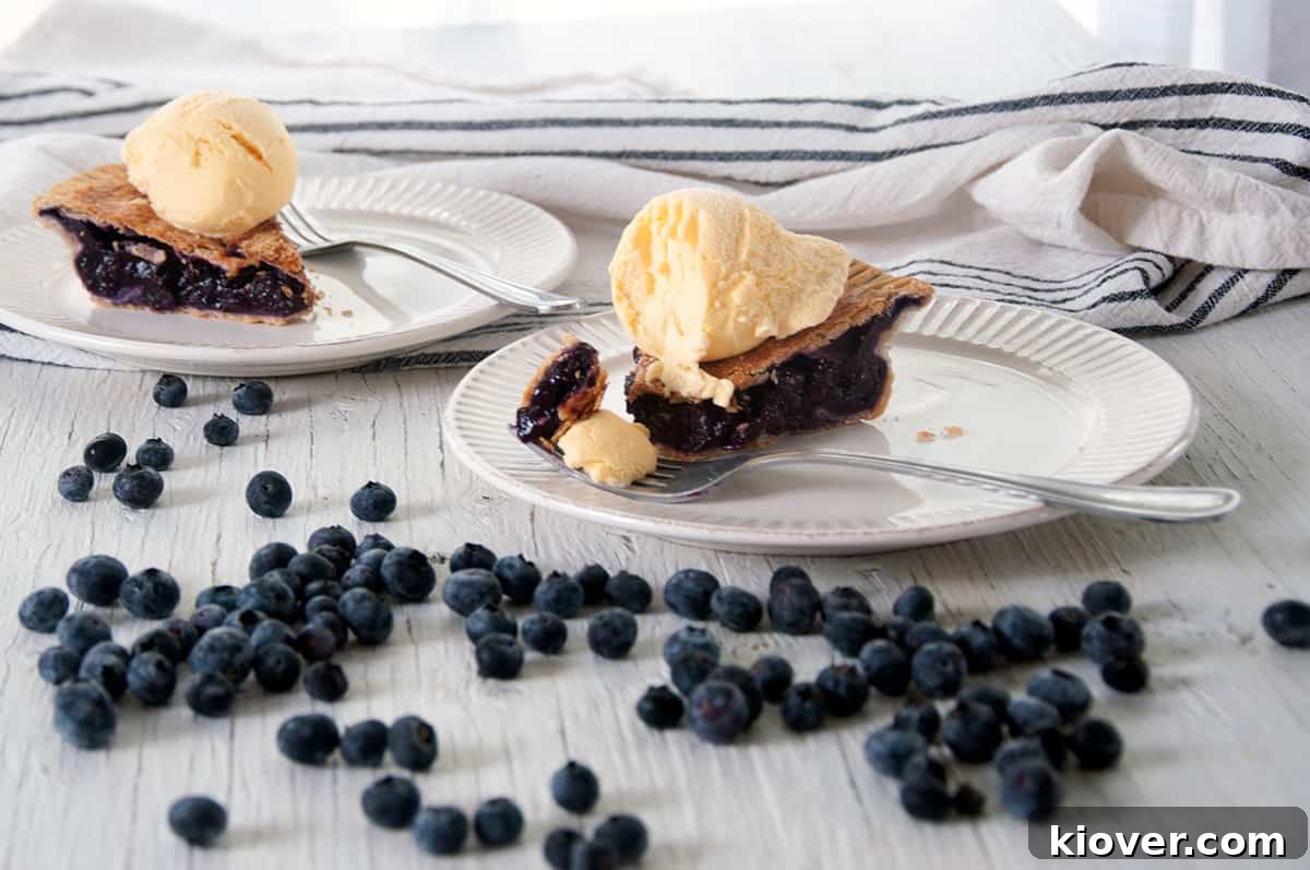 Blueberry Pie Presentation Two pristine white plates, each presenting a generous slice of golden-crusted blueberry pie, surrounded by a scatter of fresh, plump blueberries, evoking a sense of rustic elegance and deliciousness.