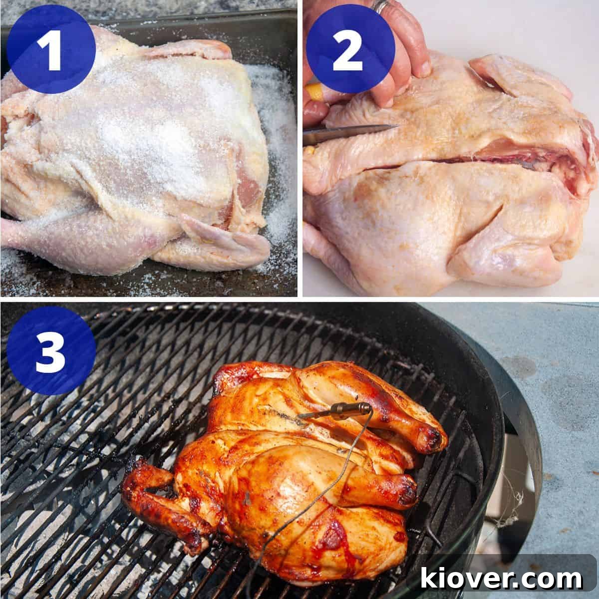 Visual guide showing the steps of dry brining, spatchcocking, and grilling a whole chicken to perfection.