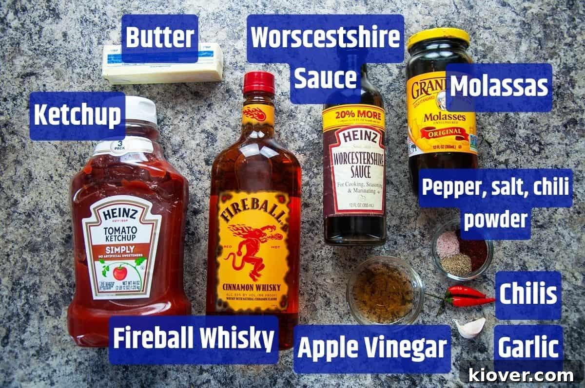 Fireball Whisky Spicy Barbeque Sauce ingredients laid out on a table.
