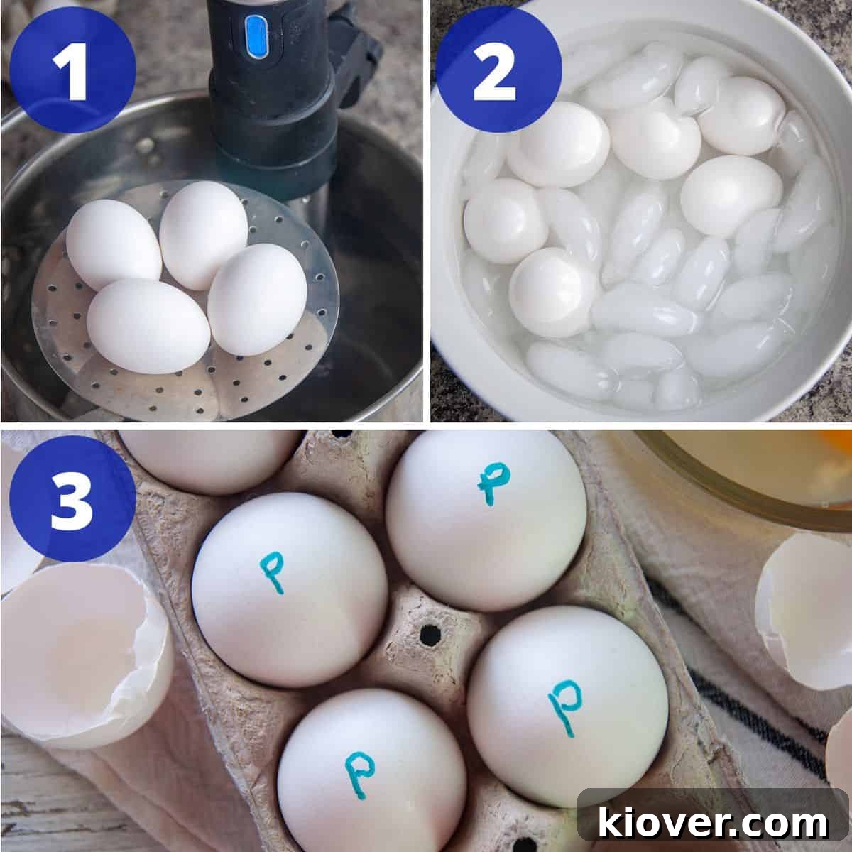 Visual representation of the process to make pasteurized sous vide eggs, showing the sous vide bath and then the ice bath.