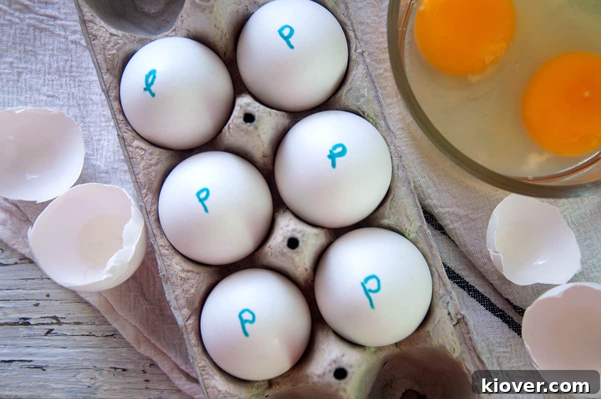 Half a dozen pasteurized eggs in an egg carton with two cracked eggs in the background, illustrating their use.