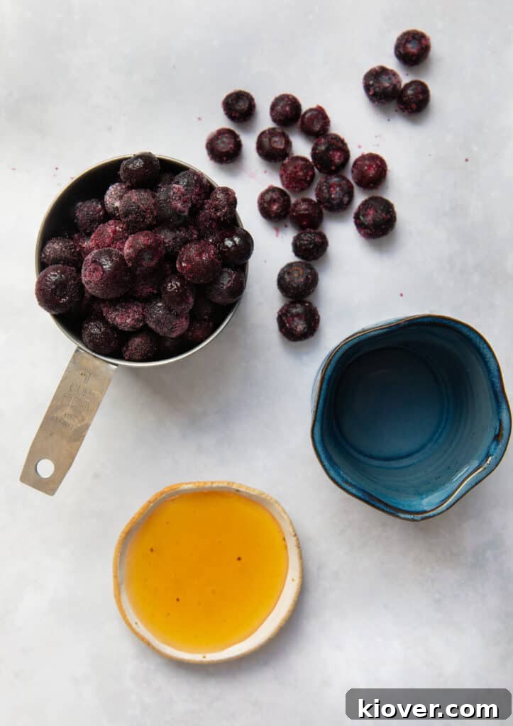 Fresh blueberries, cold water, and maple syrup laid out as ingredients for ice lollies.