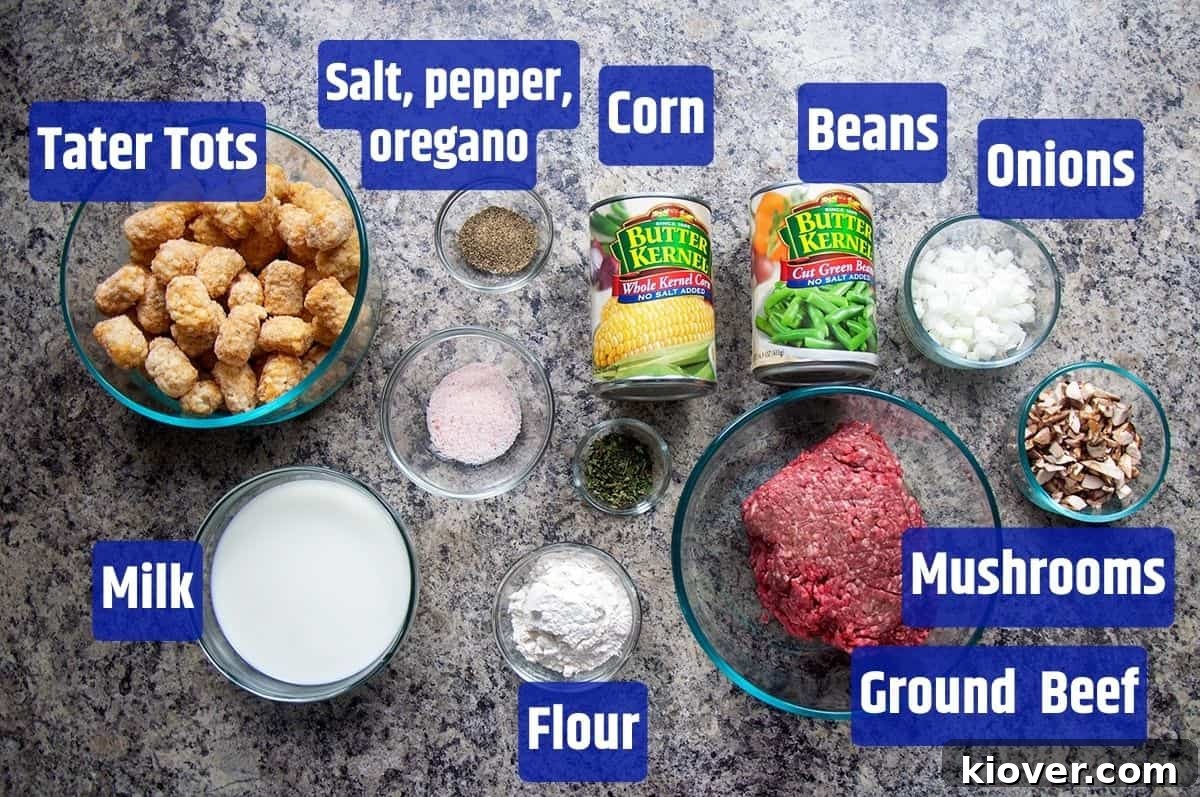 Ingredients for tater tot hotdish.