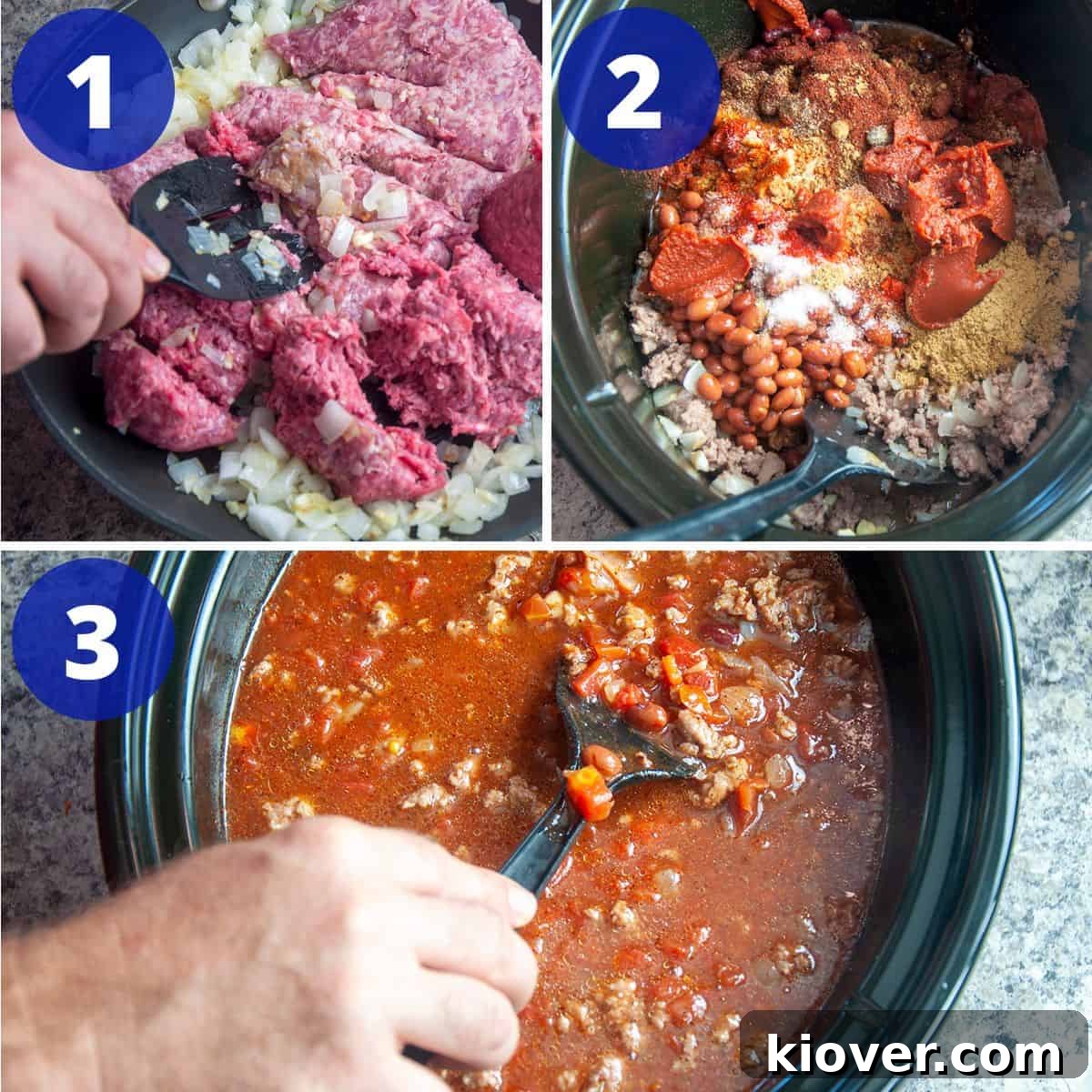 Chili Making Process Three-step process for making slow cooker chili: First, ground beef and pork are browned with onions and garlic in a pan. Second, all cooked meat and other raw ingredients are added to a slow cooker. Third, the slow cooker is seen simmering the chili to perfection.