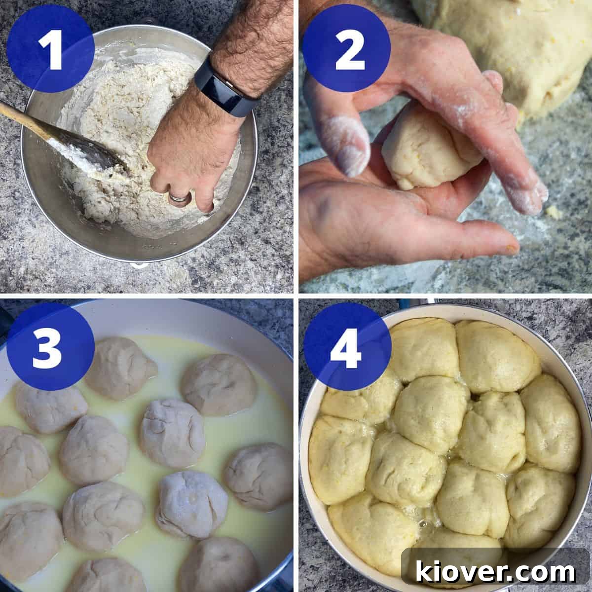 Dampfnudel Preparation Process A step-by-step visual guide showing the process of making Dampfnudel, from mixing the dough with milk, eggs, and yeast, to dividing it into twelve dumplings, and finally poaching them in a creamy butter and sugar mixture to achieve the perfect golden-brown bottom.