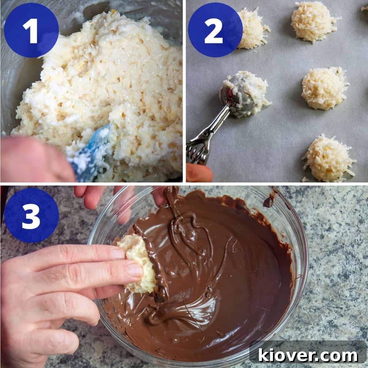 Process for making German kokosmakronen coconut macaroons.