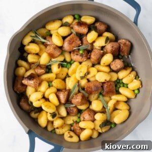Hearty Sausage and Gnocchi Bake 9 Sausage & Sage Gnocchi, blue frying pan shot from above.