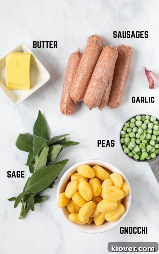 Hearty Sausage and Gnocchi Bake 3 sausage sage gnocchi ingredients, butter, sausages, garlic, sage, gnocchi, peas.