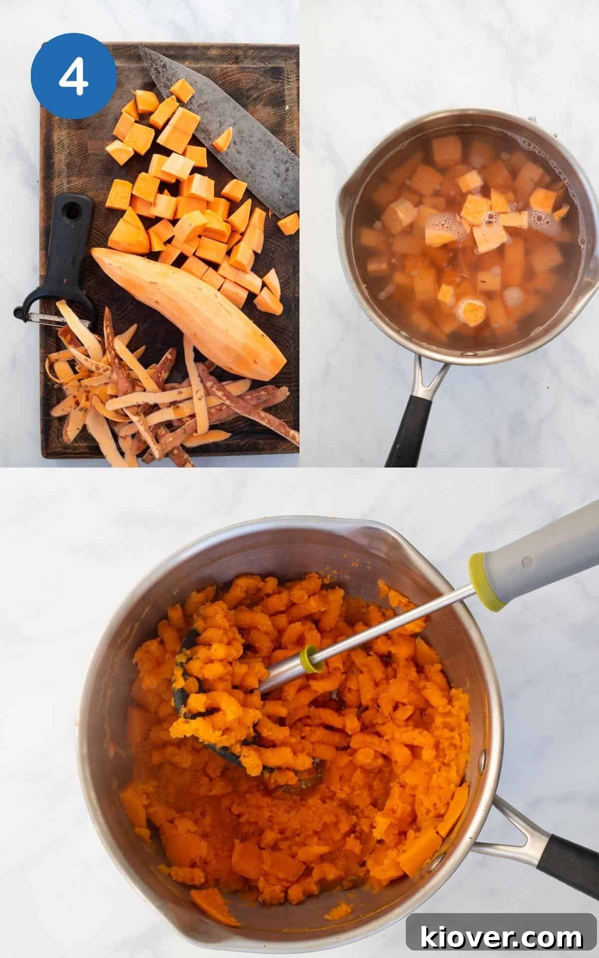 Image shows chopped sweet potatoes on a cutting board, followed by mashed sweet potatoes in a cooking pot, illustrating the preparation of the topping.