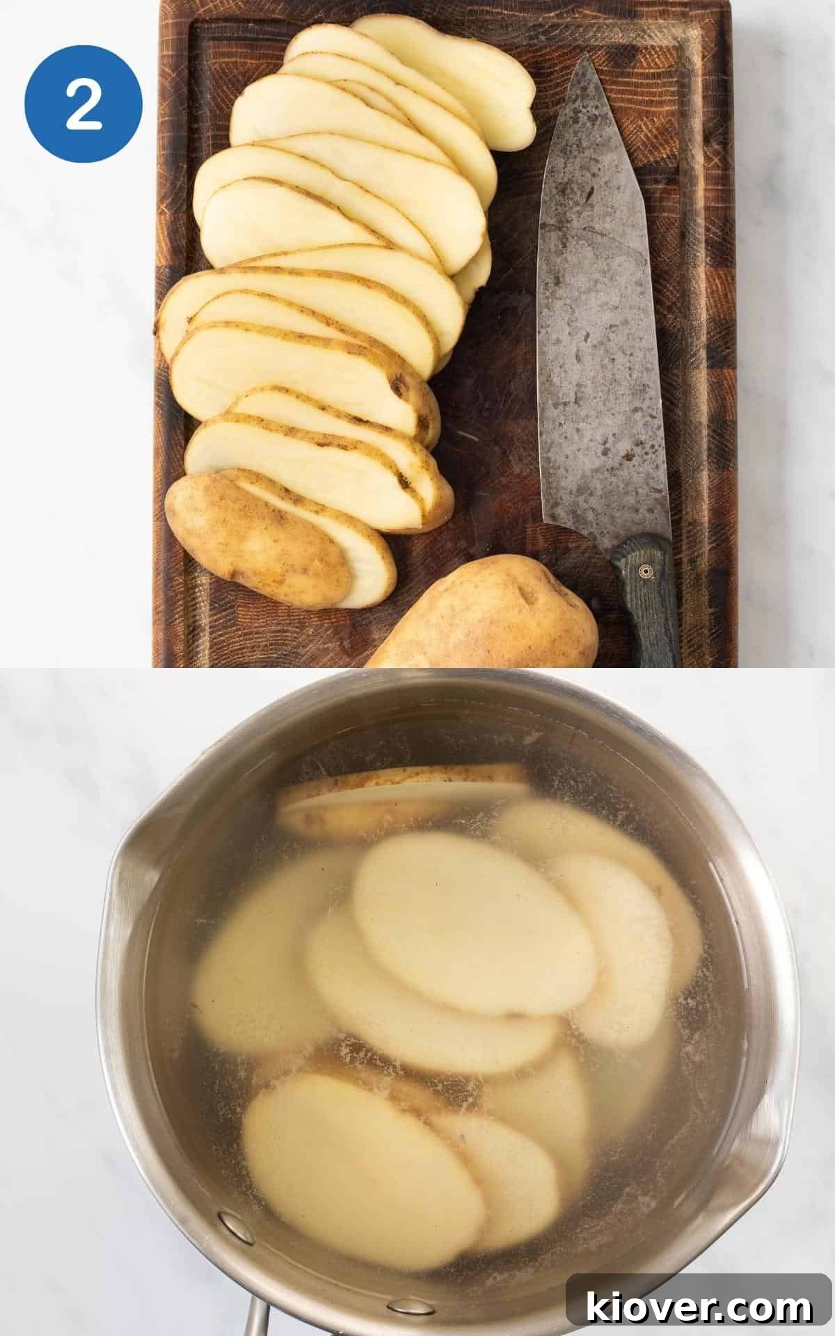 Chopped Potatoes in a Chopping Board, boiling potatoes in pot.