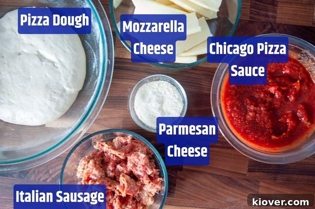 Chicago Deep Dish Ingredients Various fresh ingredients for making Chicago Deep Dish pizza laid out on a clean surface.
