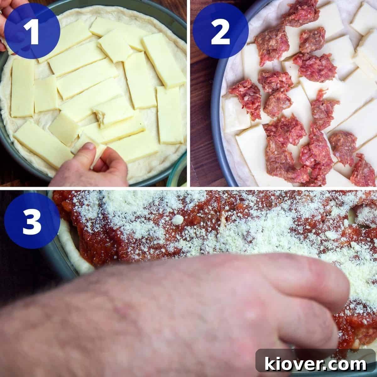 Chicago Pizza process The meticulous process of adding various ingredients to a Chicago Deep Dish pizza within its pan.