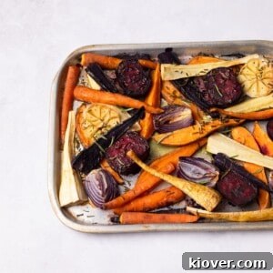 Roasted Root Vegetables on a roasting tray.