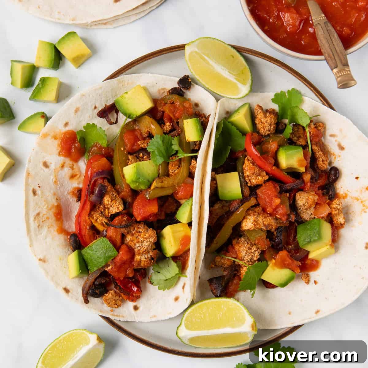One Pan Tofu Fajitas, served hot and fresh from the oven, ready to be enjoyed.