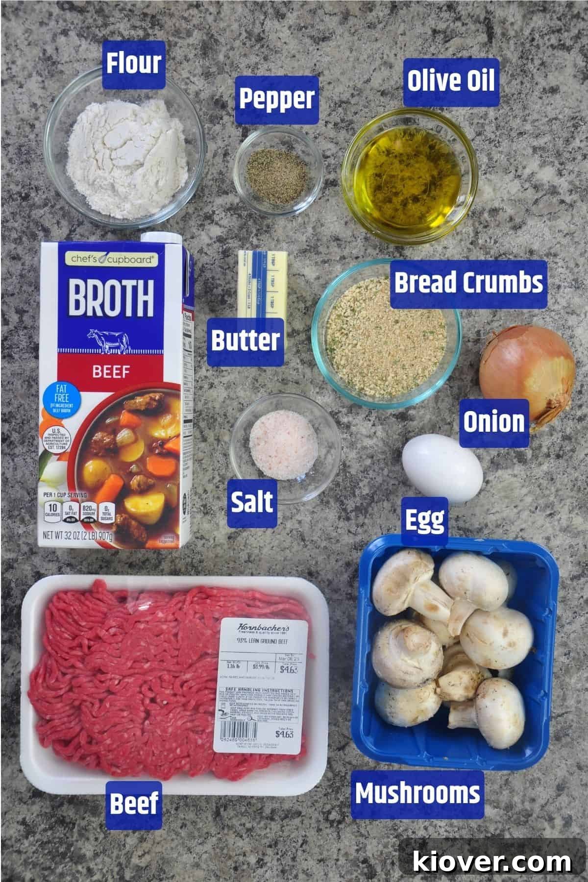 Salisbury Steak Ingredients Ingredients for Salisbury Steak Recipe including beef, mushrooms, flour, olive oil, salt, pepper, beef broth, butter, bread crumbs, onion, and egg.