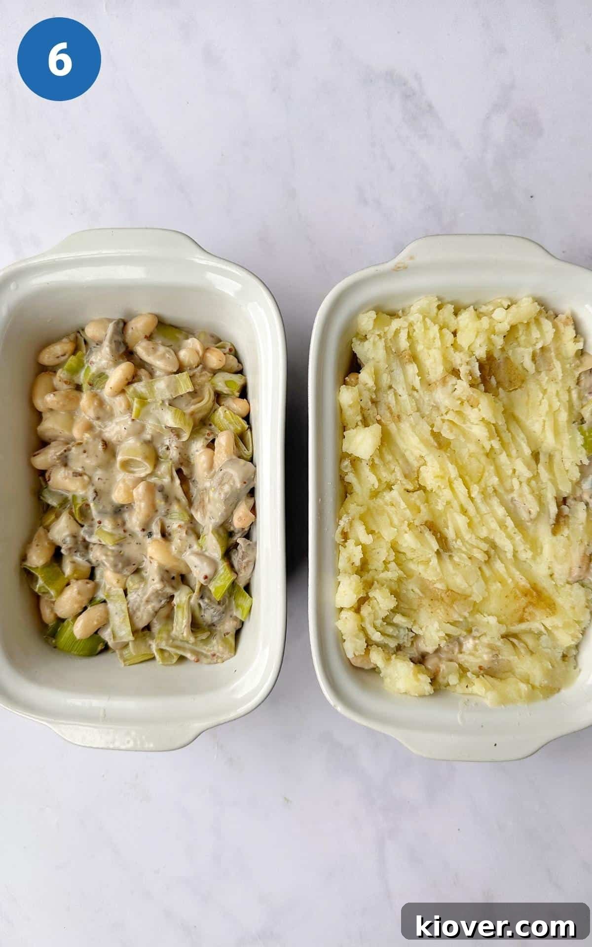 Two baking dishes are displayed, one filled with the mushroom and leek mixture, and the other topped with a beautifully spread layer of mashed potato, ready for baking into a Vegan Mushroom Pie.