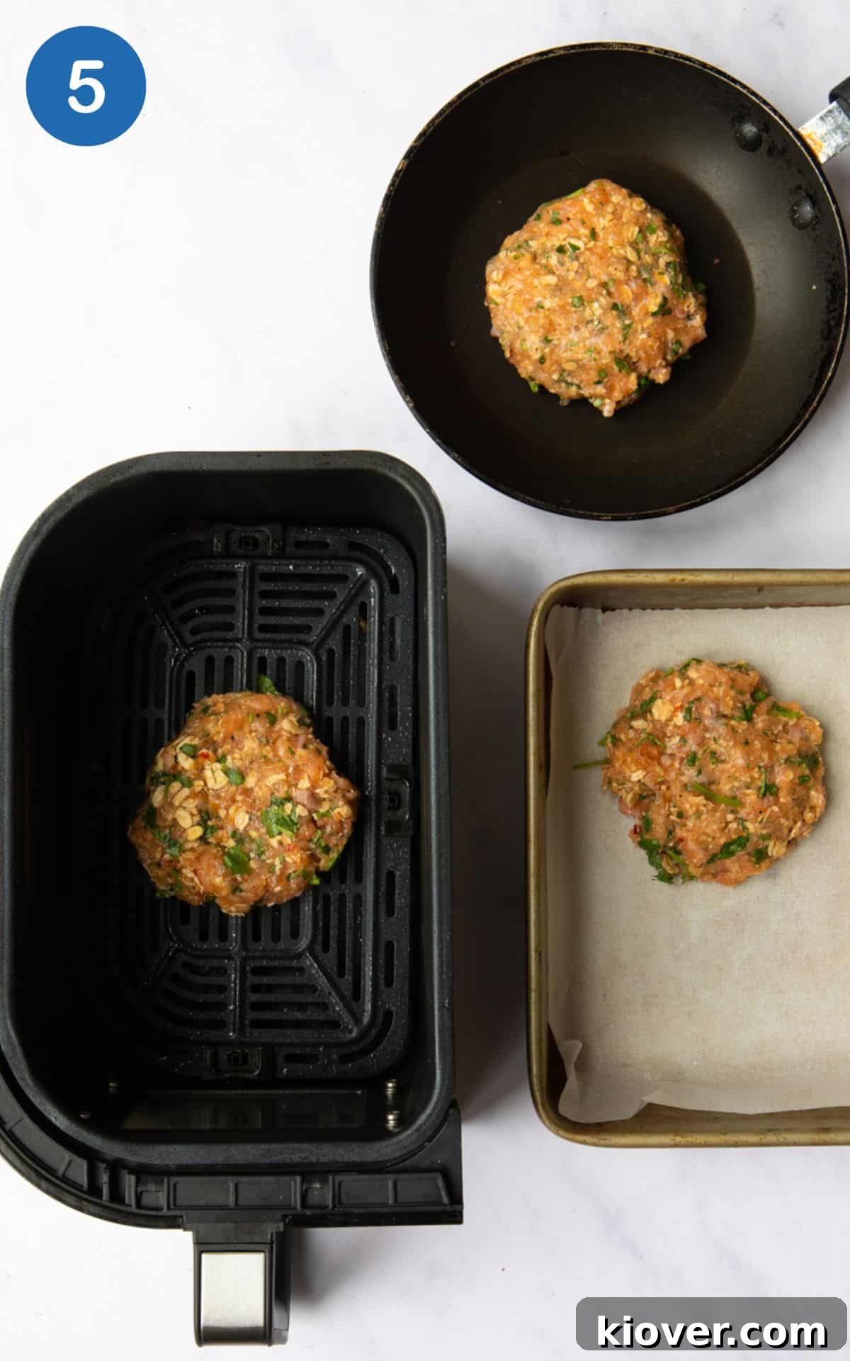 A visual demonstration of three cooking methods for Sweet Chilli Salmon Fishcakes: uncooked patties arranged on a baking tray for oven baking, inside an air-fryer basket for air frying, and in a frying pan for pan-frying, offering versatile cooking options.