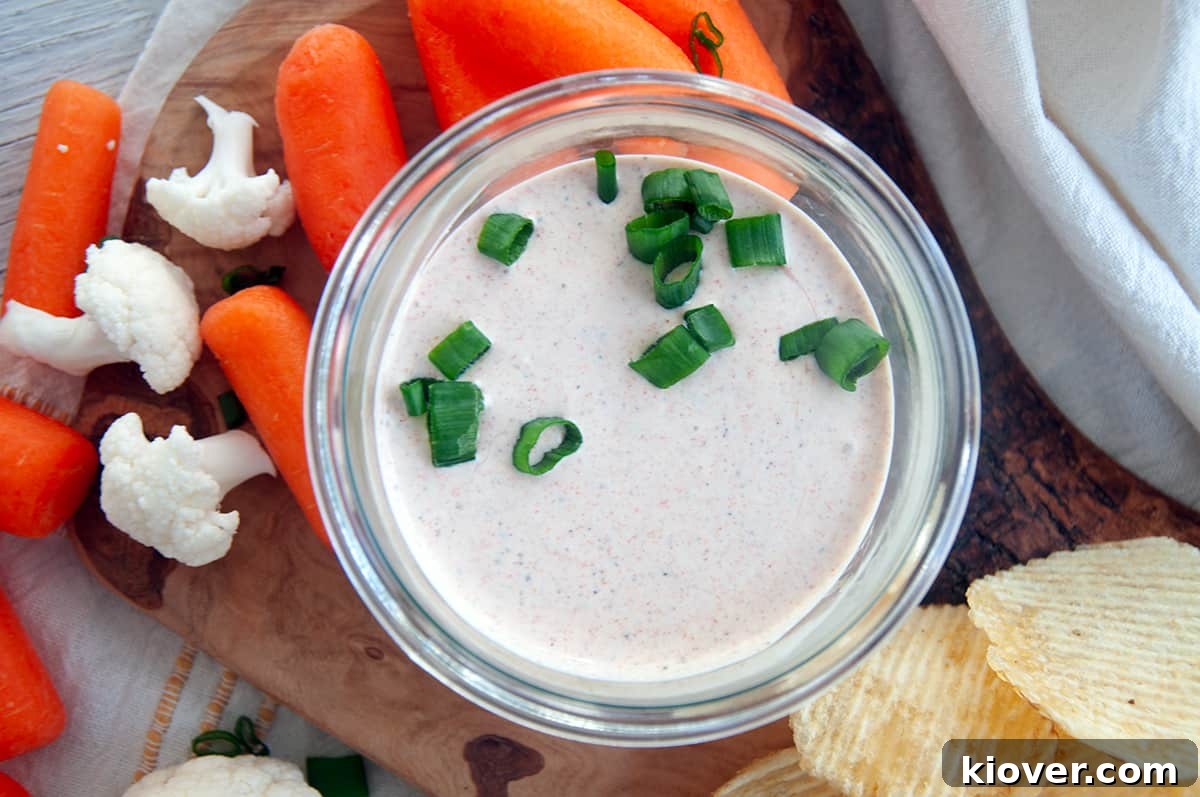 An overhead shot of a bowl of creamy sour cream dip, artfully arranged with an assortment of fresh vegetables and crispy chips, showcasing its vibrant appeal.
