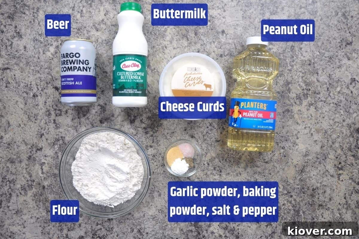 A selection of ingredients for making fried cheese curds: cheddar cheese curds, beer, buttermilk, all-purpose flour, garlic powder, baking powder, salt, pepper, and peanut oil.