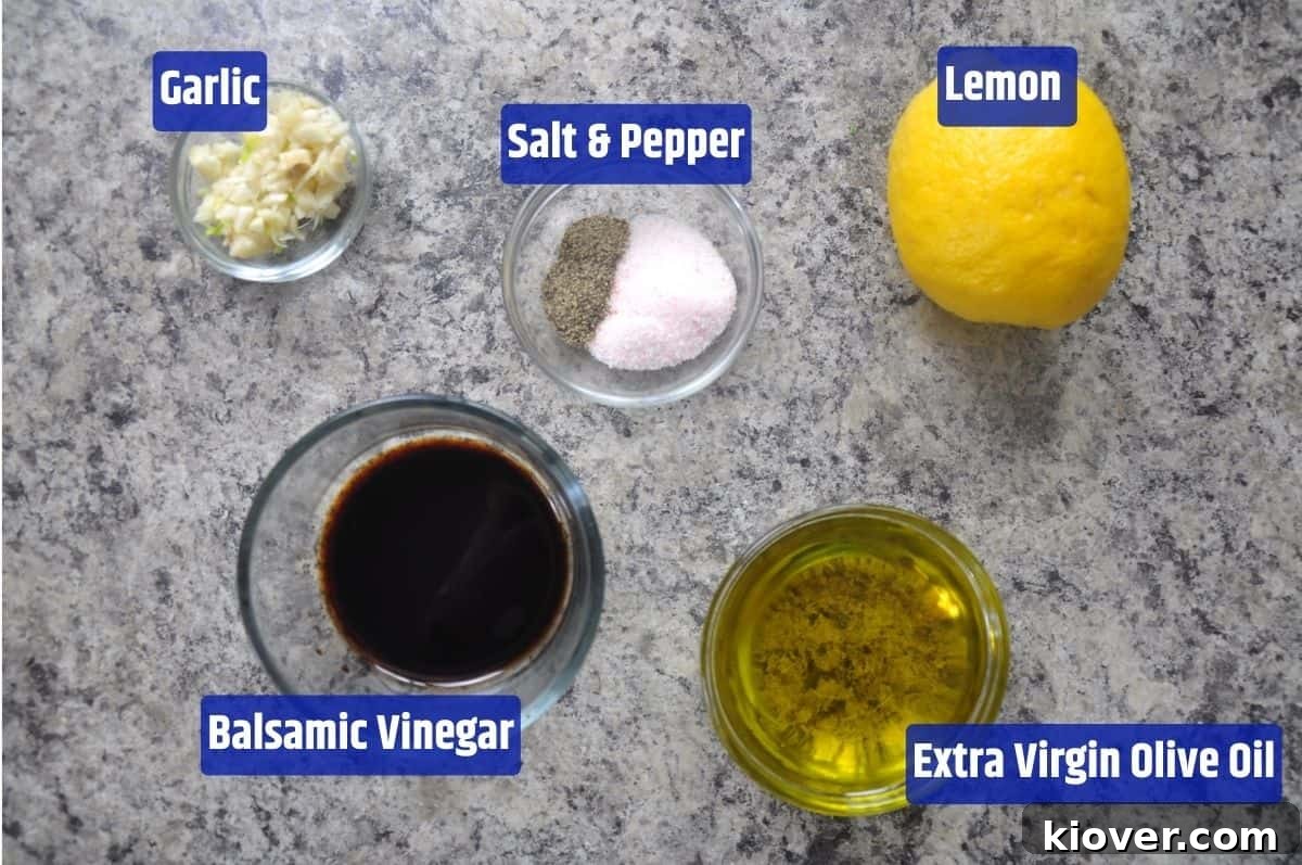 Orzo Salad Dressing Ingredients Orzo salad dressing ingredients including lemon, olive oil, and balsamic vinegar.