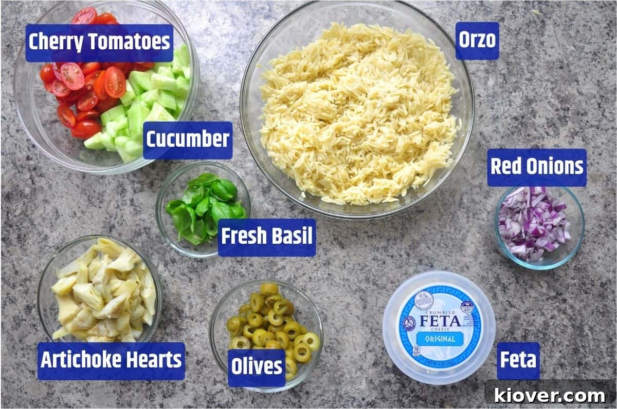 Orzo Salad Ingredients Assorted ingredients for orzo salad: cherry tomatoes, cucumber, orzo, red onions, feta cheese, green olives, artichoke hearts, and fresh basil.