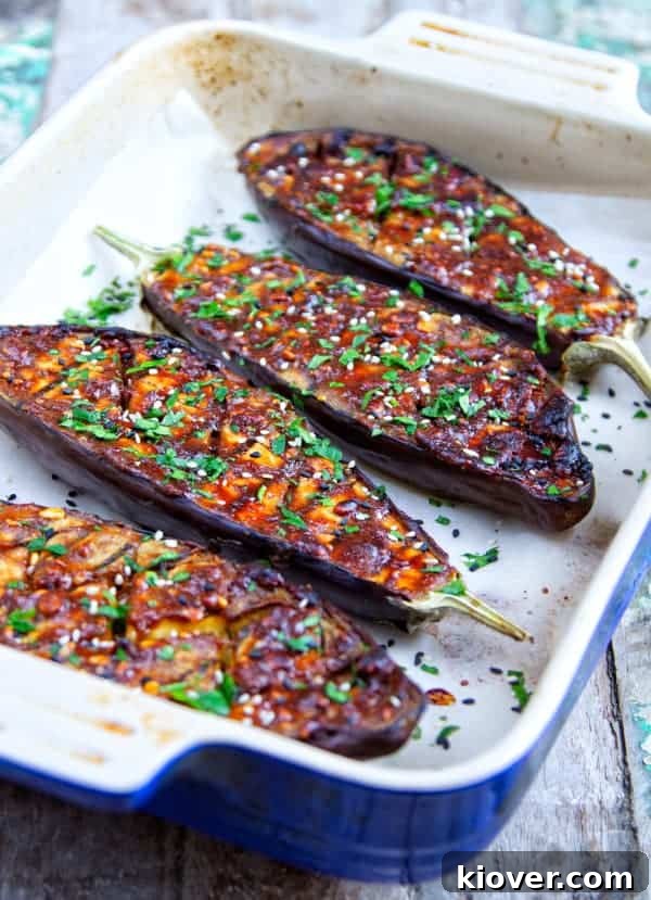 Peanut Butter & Miso Roasted Aubergines: a visually stunning and delicious vegan dish