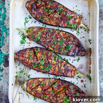 Peanut Butter & Miso Aubergines, ready to serve