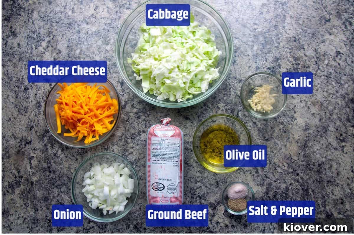 Bierock filling ingredients laid out individually.
