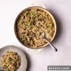 Vegan Mushroom Risotto served on a plate and in a serving dish.
