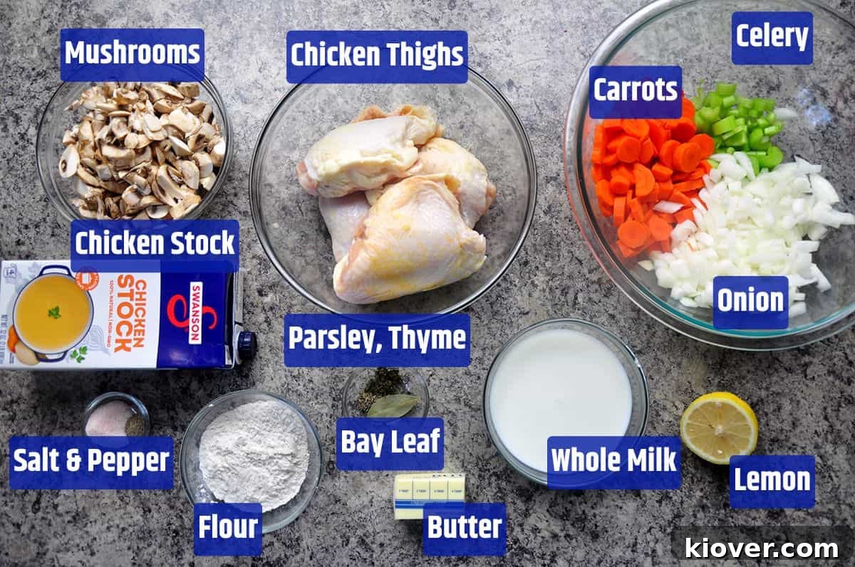 Homestyle Chicken Fricassee 2 Chicken Fricassee ingredients laid out on a white surface.
