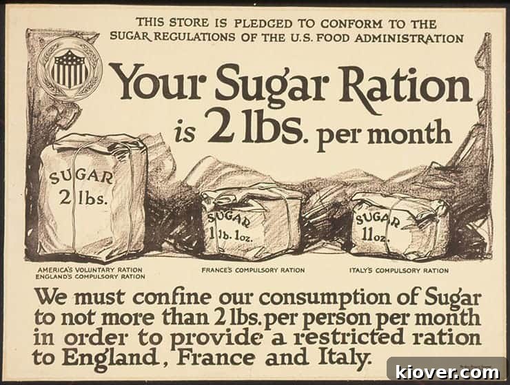WWII Rationing Poster Historical advertisement from World War II reminding citizens about sugar rationing.