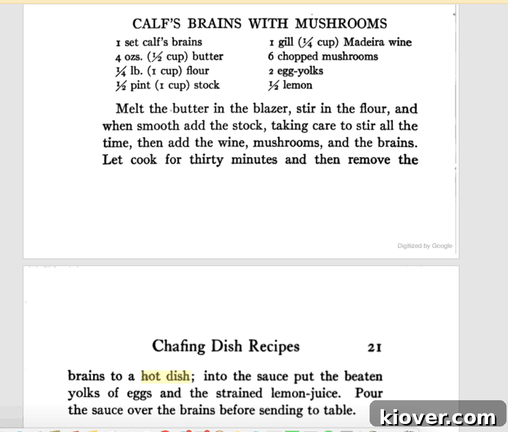 Calf Brains with Mushrooms Recipe A vintage recipe card detailing 'Calf Brains with Mushrooms Recipe'.