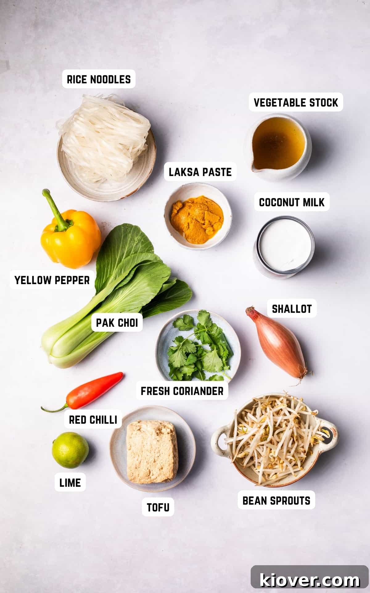 A flat lay of fresh ingredients laid out on a wooden board, including shallots, bell peppers, pak choi, cubed tofu, laksa paste, coconut milk, and fresh herbs, ready to make vegan laksa.