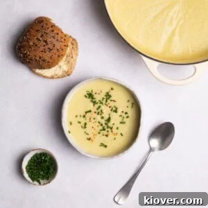 Leek and Potato Soup served in a bowl.